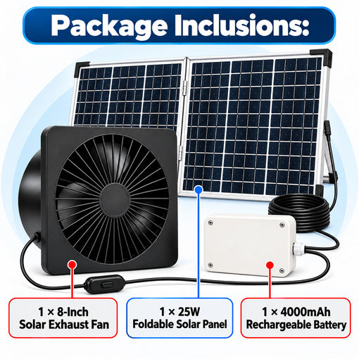 25W Solar-Powered Ventilation Fan Kit with 4000mAh Battery Backup