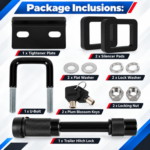2'' Anti-Rattle Hitch Clamp & 5/8" Receiver Pin Lock & Silencer Pad