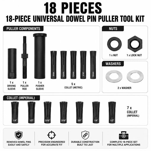 18-Piece Universal Dowel Pin Puller Tool Kit